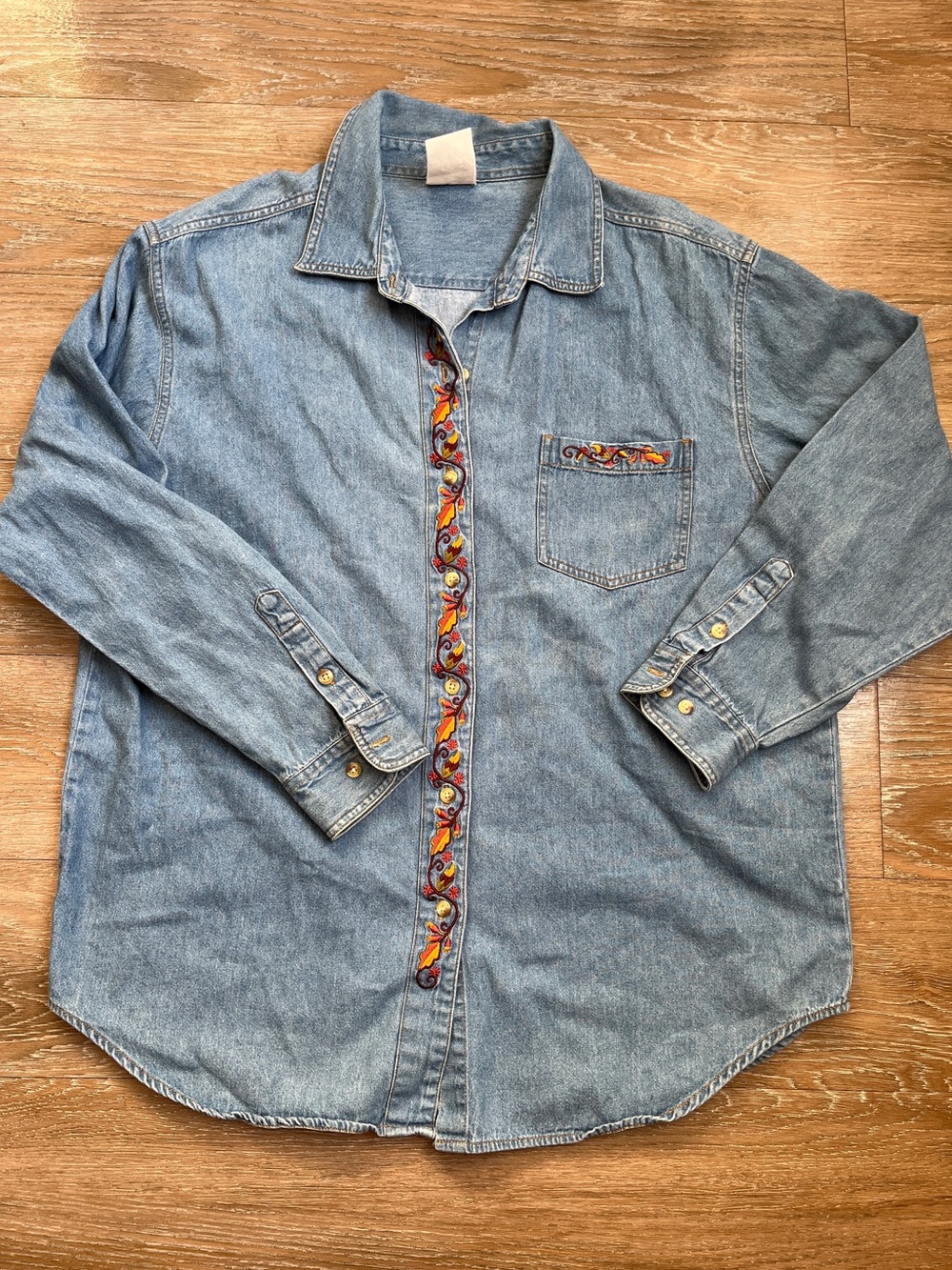 Vintage Embroidered Autumn-Themed Denim Button-Up